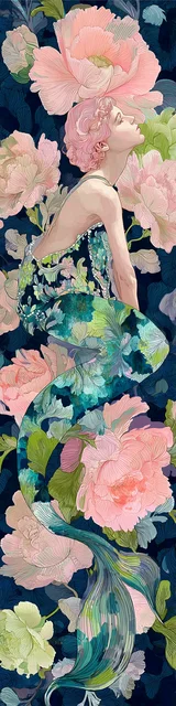 Free printable mermaid bookmark featuring vintage style mermaid with pink flowers